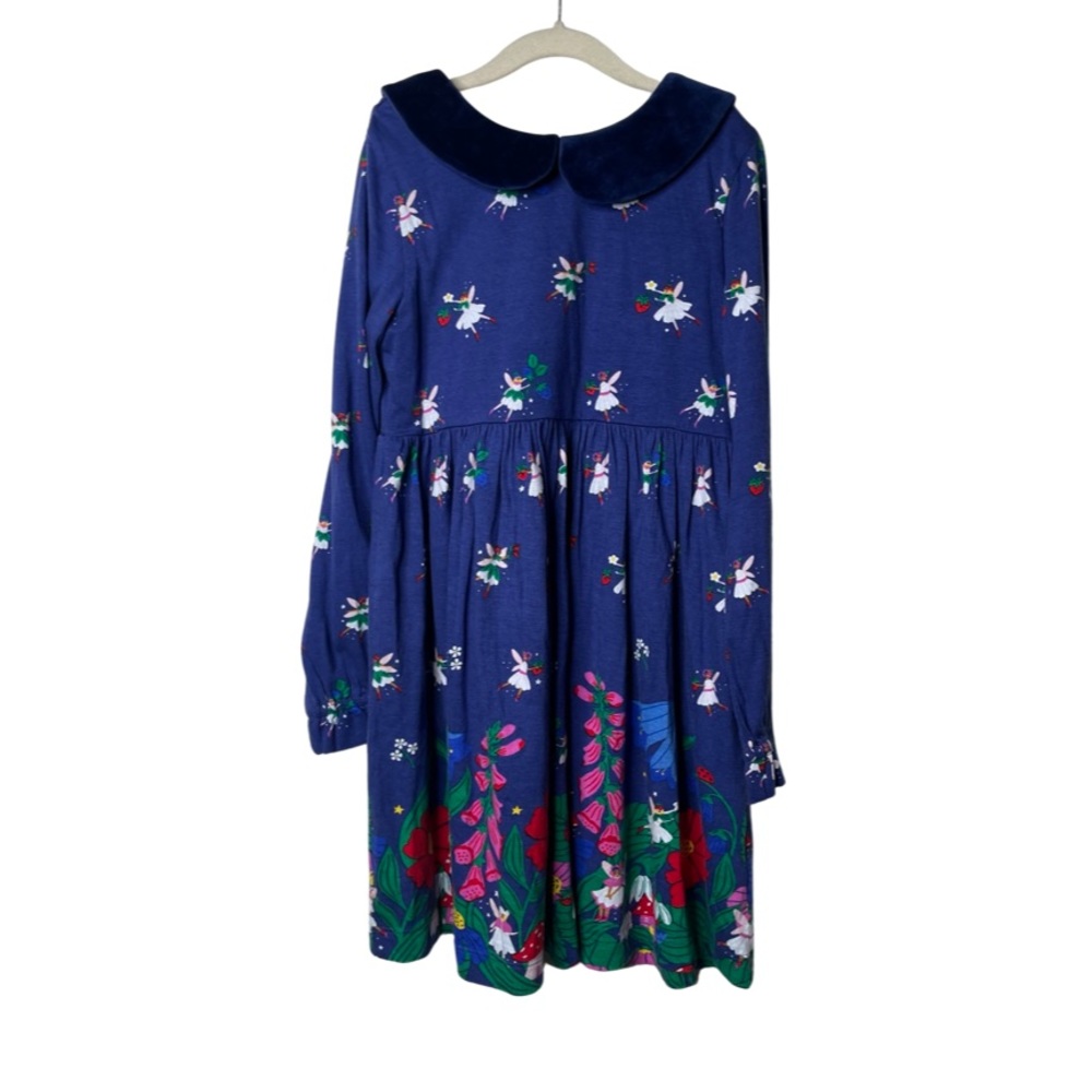 New Mini Boden Velvet Collar Dress Blue Forest Fairies sz 9-10yo